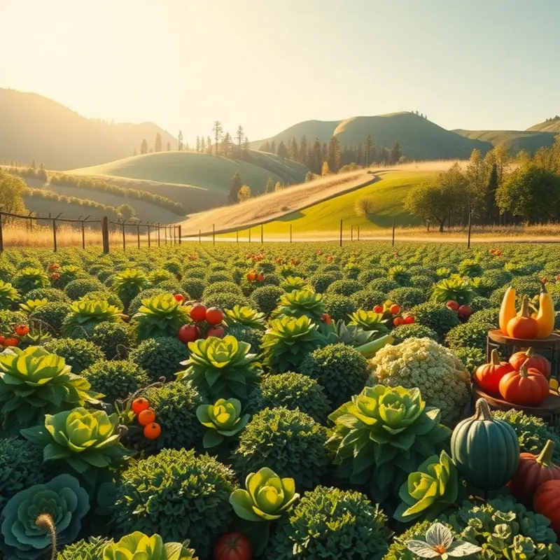 A sunlit field showcasing vibrant vegetables and fruits, symbolizing nature’s bounty.