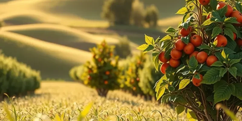 A vibrant sunlit landscape with organic vegetables and fruits in a lush, green field.