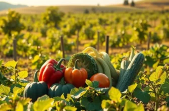 A beautiful landscape showcasing an abundance of organic fruits and vegetables in a serene environment.