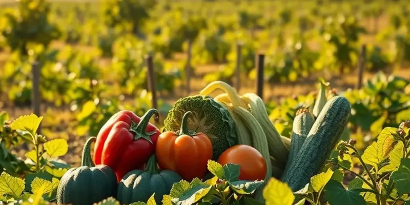 A beautiful landscape showcasing an abundance of organic fruits and vegetables in a serene environment.