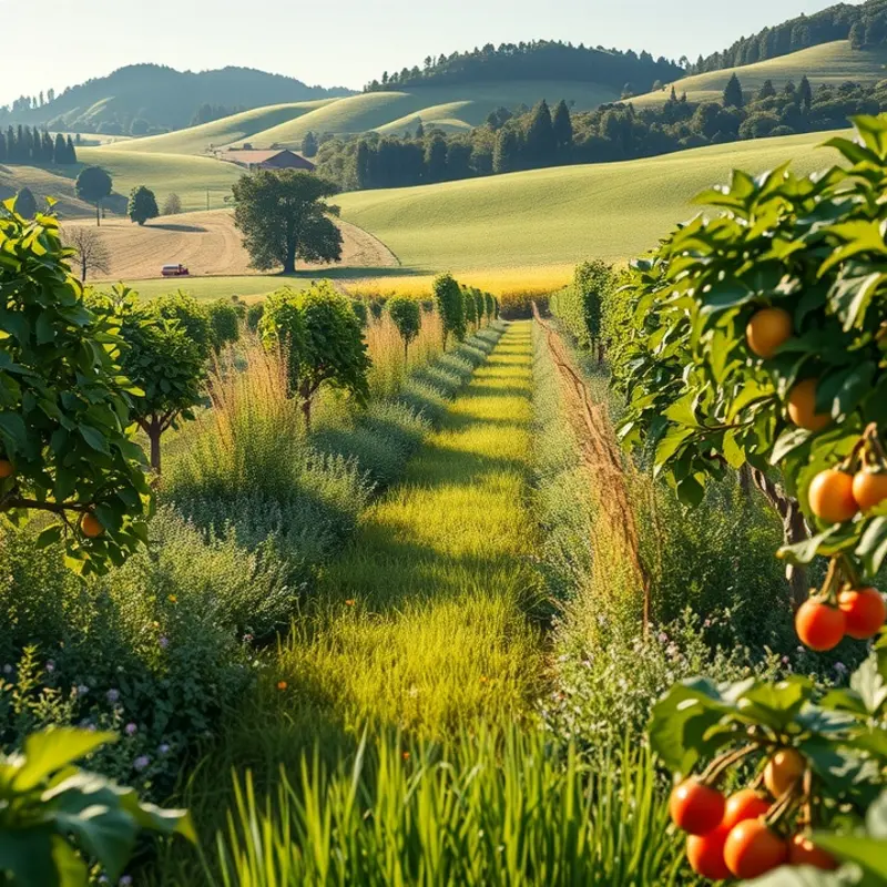 A vibrant landscape of organic fruits and vegetables under soft sunlight.