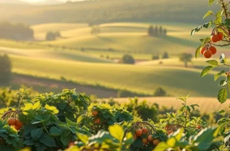 A picturesque field brimming with fresh organic produce under soft sunlight.