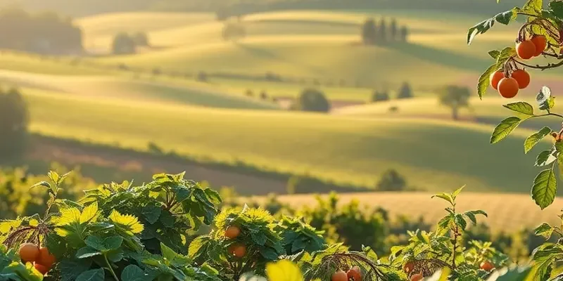 A picturesque field brimming with fresh organic produce under soft sunlight.