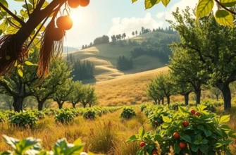 A scenic sunlit field with a variety of healthy, vibrant vegetables and fruits growing naturally.