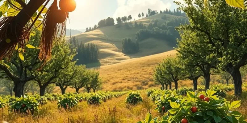 A scenic sunlit field with a variety of healthy, vibrant vegetables and fruits growing naturally.