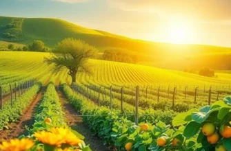 A serene view of a sunlit field filled with vibrant organic vegetables and fruits.