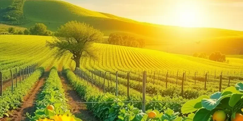 A serene view of a sunlit field filled with vibrant organic vegetables and fruits.