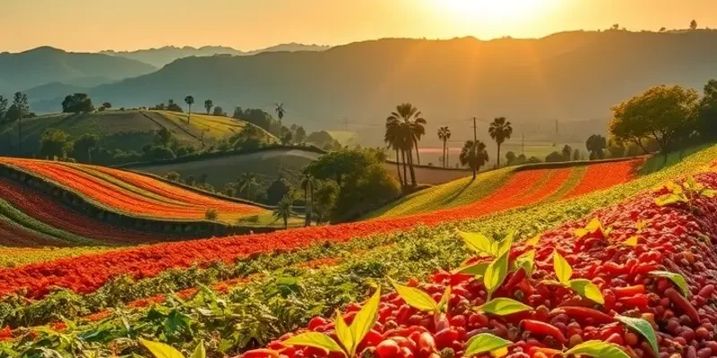 A scenic field of vibrant vegetables and fruits growing in lush greenery, showcasing the beauty of organic farming.