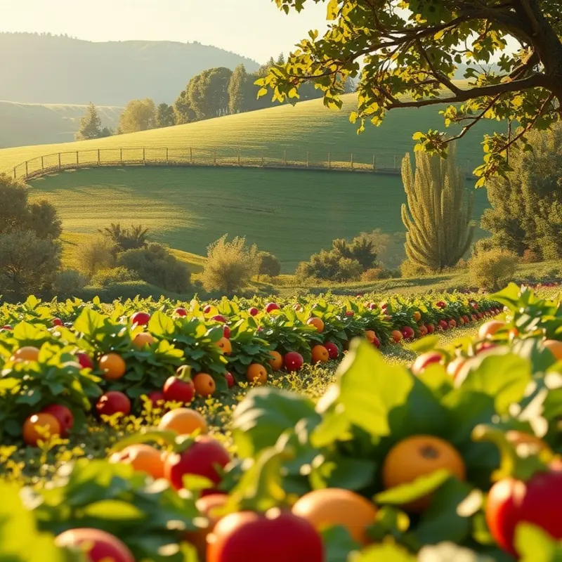 A sunlit field with vibrant organic produce under warm lighting.