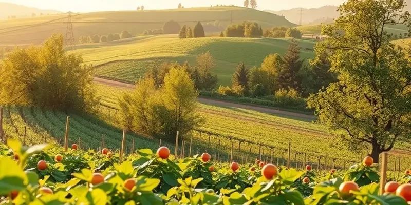 A lush field with various vegetables and fruits growing organically in a natural setting.