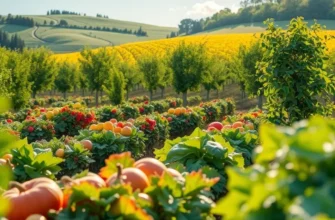 A serene landscape of an orchard bursting with fresh, ripe fruits amidst lush greens.