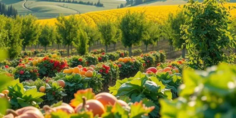 A serene landscape of an orchard bursting with fresh, ripe fruits amidst lush greens.