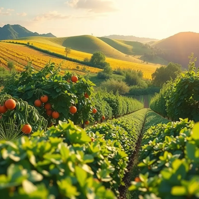A vibrant, sunlit field illustrating fresh organic produce.