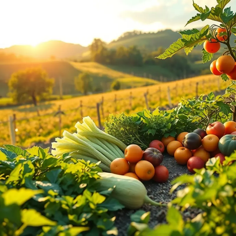 A vibrant sunlit field showcasing a variety of organic fruits and vegetables.