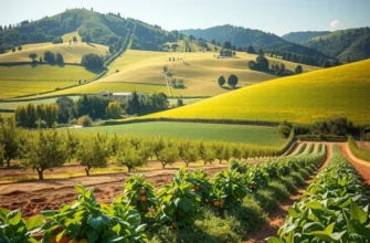 A beautiful field showcasing a harvest of fresh organic fruits and vegetables, surrounded by lush greenery.