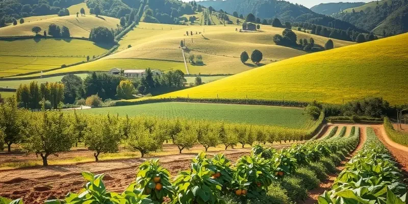 A beautiful field showcasing a harvest of fresh organic fruits and vegetables, surrounded by lush greenery.