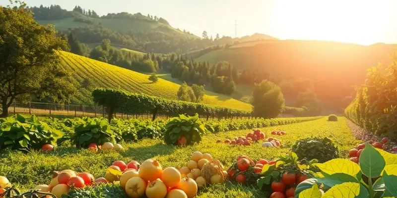 A beautiful landscape depicting a rich harvest of organic produce.