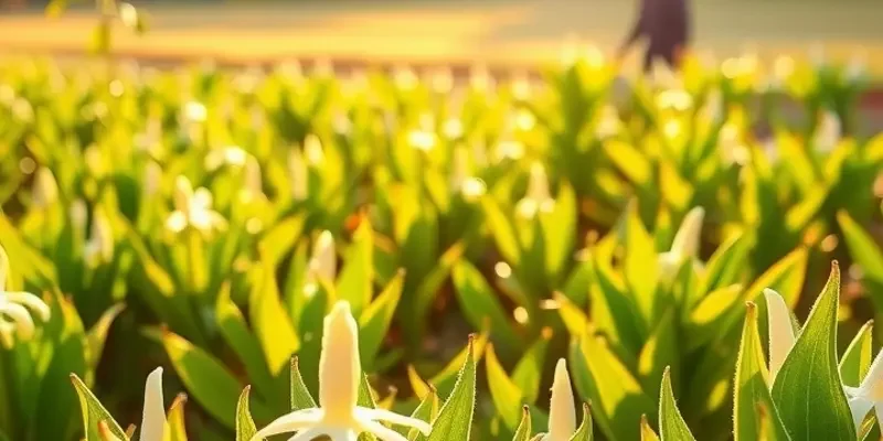 Photorealistic image of a sunlit field of organic vegetables and fruits surrounded by lush greenery.