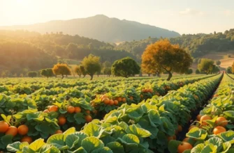 A photorealistic landscape of an organic farm with vibrant produce and lush greenery.