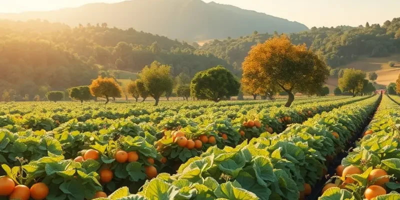 A photorealistic landscape of an organic farm with vibrant produce and lush greenery.