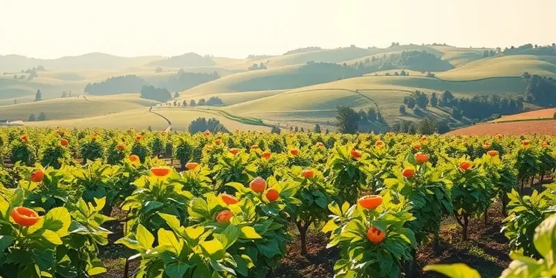 A beautiful sunlit field showcasing organic fruits and vegetables flourishing naturally.