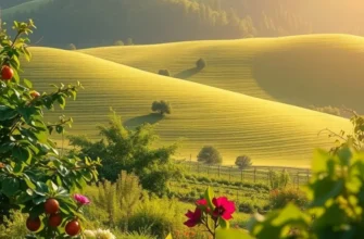 An idyllic landscape filled with organic fruits and vegetables basking in sunlight, representing health and freshness.