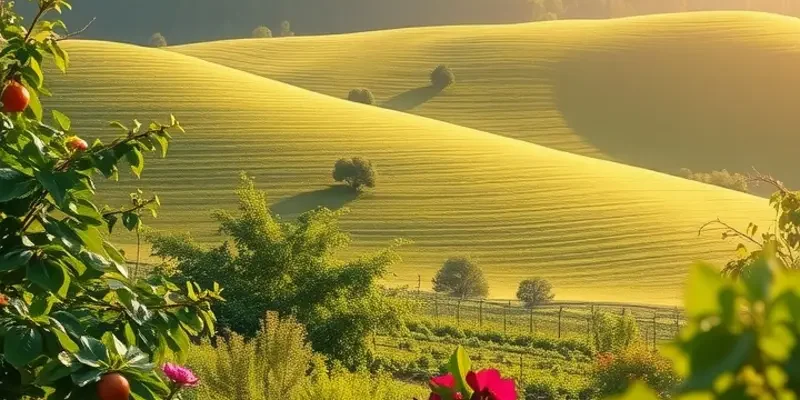 An idyllic landscape filled with organic fruits and vegetables basking in sunlight, representing health and freshness.