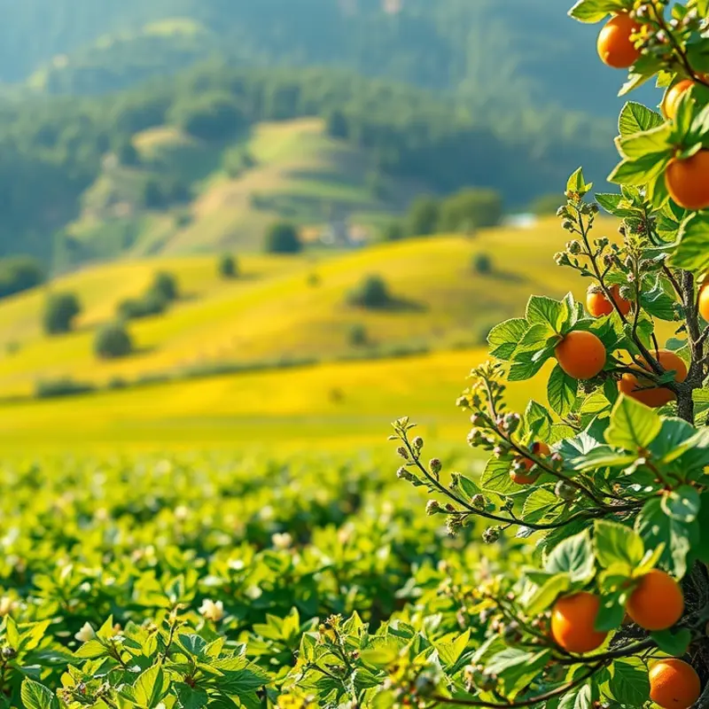 A vibrant organic field thriving with fresh vegetables and fruits under warm sunlight.