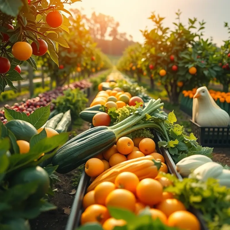 A sunlit field abundant with vibrant fruits and vegetables, representing freshness.