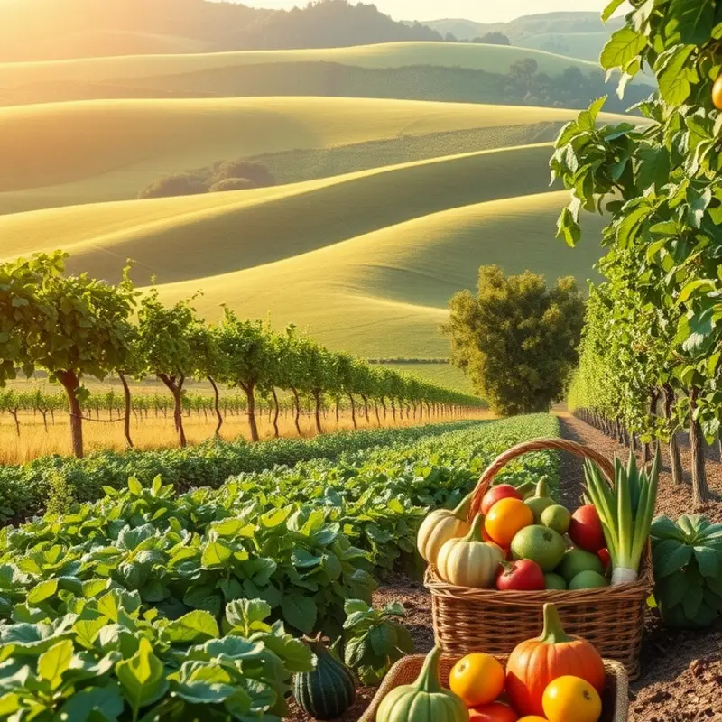 A sunlit field showcasing vibrant vegetables and fruits in lush greenery.