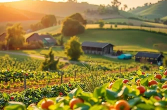A vast sunlit orchard filled with various organic fruits and vegetables surrounded by lush greenery.