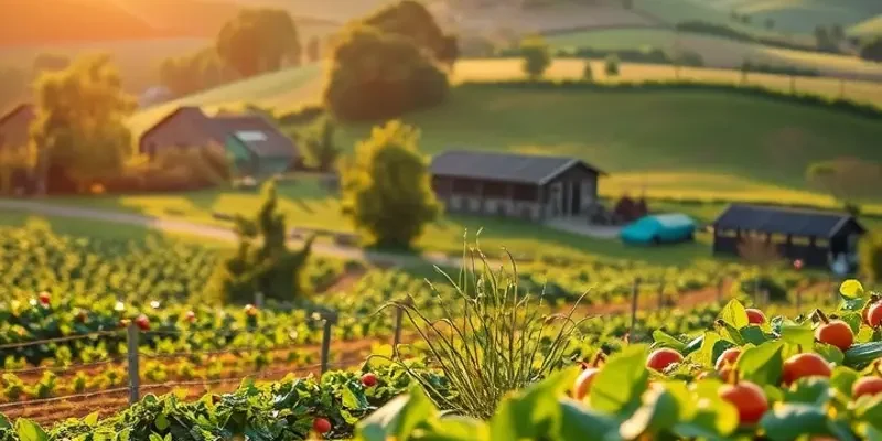 A vast sunlit orchard filled with various organic fruits and vegetables surrounded by lush greenery.