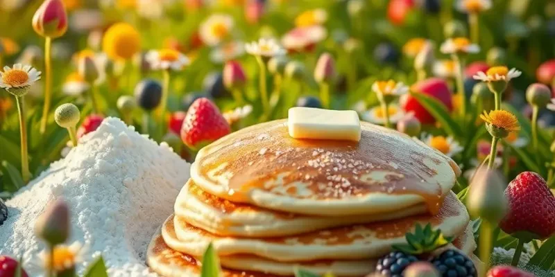 A sunlit field showcasing organic vegetables and fruits, evoking freshness for pancake preparation.