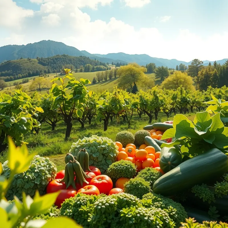 A sunlit field showcasing an abundance of vibrant peppers growing organically.