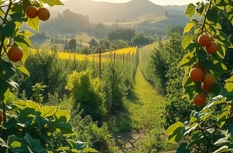 A picturesque view of an organic landscape filled with fresh fruits and vegetables surrounded by green hills.