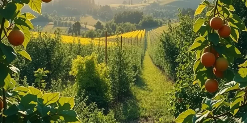 A picturesque view of an organic landscape filled with fresh fruits and vegetables surrounded by green hills.