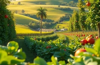Photorealistic image of a sunlit organic landscape showcasing an abundance of fresh produce.