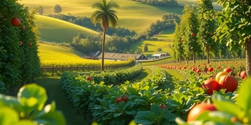 Photorealistic image of a sunlit organic landscape showcasing an abundance of fresh produce.