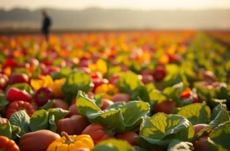 A vibrant field filled with organic vegetables and fruits, surrounded by lush greenery.