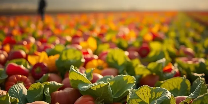 A vibrant field filled with organic vegetables and fruits, surrounded by lush greenery.