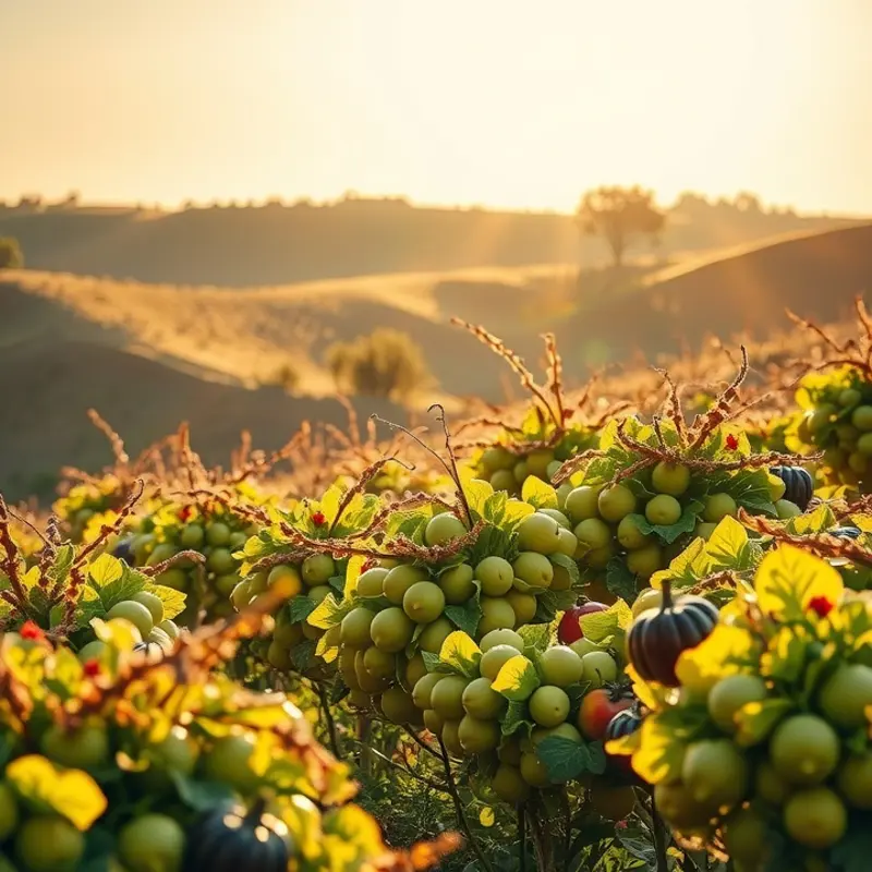 A sunlit field showcasing vibrant vegetables growing among lush greenery.