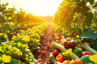 A beautiful sunlit field of flourishing organic fruits and vegetables surrounded by nature.