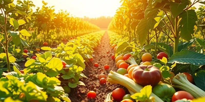 A beautiful sunlit field of flourishing organic fruits and vegetables surrounded by nature.