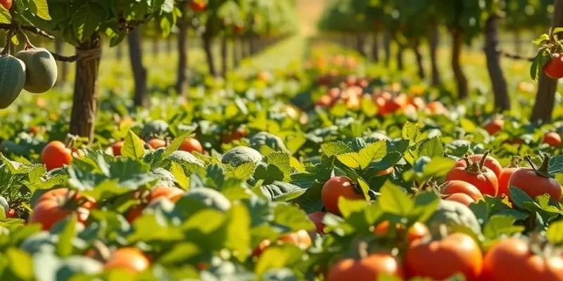 A bright and vibrant landscape showcasing a field filled with fresh vegetables and fruits in harmony with nature.