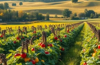 A sunlit field displaying a range of organic fruits and vegetables among lush greenery under warm light.