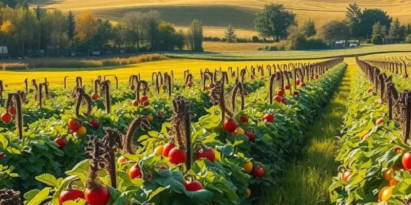 A sunlit field displaying a range of organic fruits and vegetables among lush greenery under warm light.