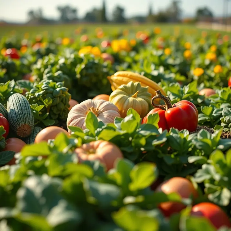 A sunlit orchard filled with fresh vegetables and fruits.