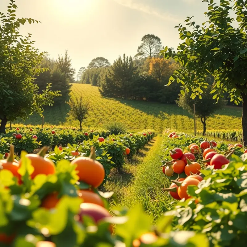 A sunlit field showcasing the vibrant abundance of fresh vegetables and fruits.