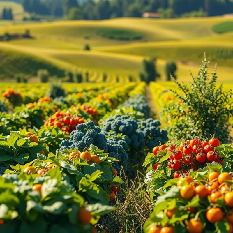 A sunlit field filled with vibrant vegetables and fruits, representing the freshness of organic produce.