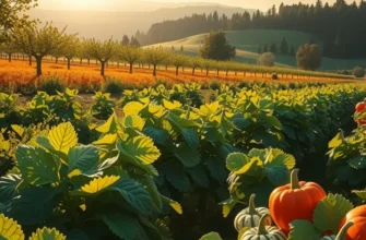 A vibrant field rich in healthy vegetables and fruits glowing in natural sunlight.